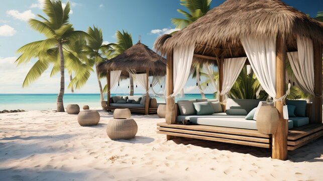 Relaxing beach scene with cabanas and palms
