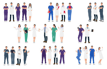 Fototapeta na wymiar Hand-drawn male and female doctors and nurses. Happy smiling doctors with a stethoscopes. Healthcare workers in uniform. Different color options. Vector flat style illustration set isolated