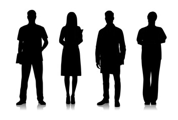 Silhouettes oF male and female doctors in white coats. Happy smiling doctors with a stethoscopes. Male and female nurses in uniform. Different color options. Vector flat illustration set isolated