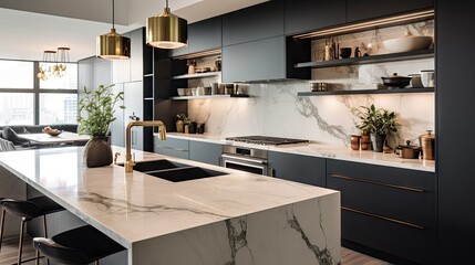 A contemporary, chic kitchen in Chicago featuring stylish black and white cabinets, golden fixtures, and marble tiles.