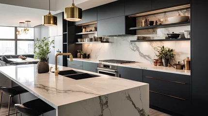 Printed kitchen splashbacks Chicago A contemporary, chic kitchen in Chicago featuring stylish black and white cabinets, golden fixtures, and marble tiles.