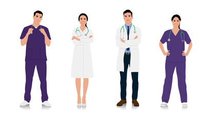 Hand-drawn male and female doctors in white coats. Happy smiling doctors with a stethoscopes. Male and female nurses in uniform. Different color options. Vector flat style illustration set isolated