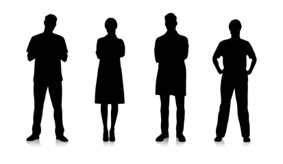 Silhouettes oF male and female doctors in white coats. Happy smiling doctors with a stethoscopes. Male and female nurses in uniform. Different color options. Vector flat illustration set isolated