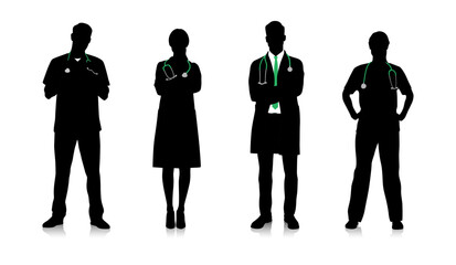Silhouettes oF male and female doctors in white coats. Happy smiling doctors with a stethoscopes. Male and female nurses in uniform. Different color options. Vector flat illustration set isolated