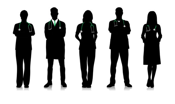 Silhouettes oF male and female doctors in white coats. Happy smiling doctors with a stethoscopes. Male and female nurses in uniform. Different color options. Vector flat illustration set isolated