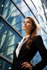 confident young woman in a business suit on the background of office buildings. businesswoman, girl company manager .