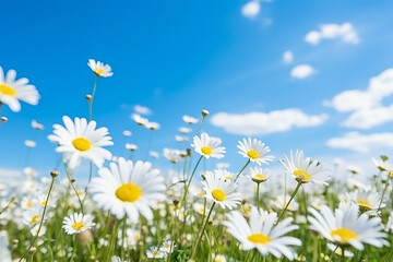 chamomile field on a sunny day. daisy flowers under the blue sky. grass and field of flowers. blue sky and sun