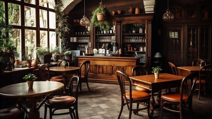 Vintage coffee shop with wooden furniture
