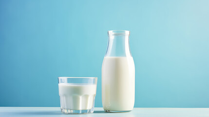 Bottle of milk and glass of milk on a pastel blue background, dairy organic industry concept