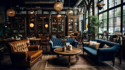 Vintage coffee shop with wooden furniture
