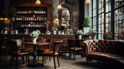 Fototapeta na wymiar Vintage coffee shop with wooden furniture 