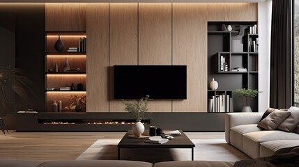 a contemporary TV wall in a small living room.