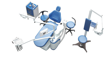 Dentist chair with tools for stomatology and oral hygiene, empty, nobody, 3d rendering - 639425014