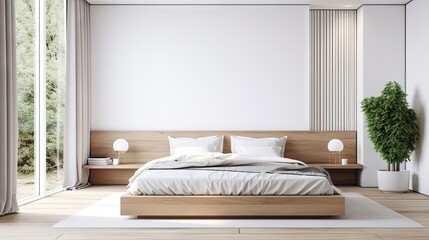 Actual picture of a minimalist styled bedroom with a spacious bed, wooden flooring, a window covered by drapes, a lamp, and furniture against a white wall background, leaving an unfilled area.