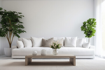 Beautiful modern minimalist room design with sofa and plants.generative ai
