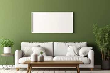 Fototapeta na wymiar Empty white blank frame mockup in modern furnished living room
