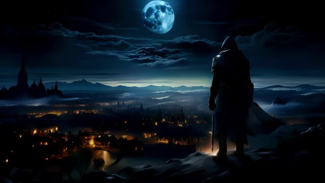 An imposing figure of a Dwarf appears standing decisive and powerful against the backdrop of night his dark form d heavy across the landscape. His stoic visage is hidden