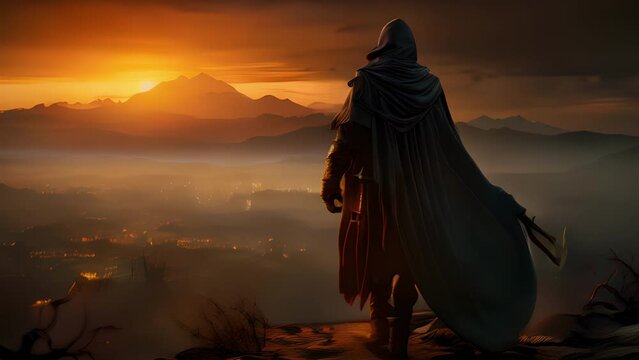 A Dwarf of impressive stature stands silhouetted against the dusky horizon. His cloaked frame is dd in weathered brown and grey leathers the closefitted armor giving his