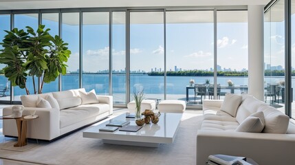 Obraz premium Boasts a sleek living space that offers breathtaking vistas of the bay and city through expansive floor to ceiling windows. The minimalist white interior is adorned with designer sofas.