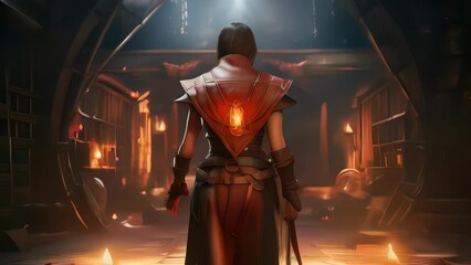 On her back a cloth bag is tucked with a spool of string and a flint for making fires. A pair of vambraces hang from her belt lined with runes that hint to her proficiency