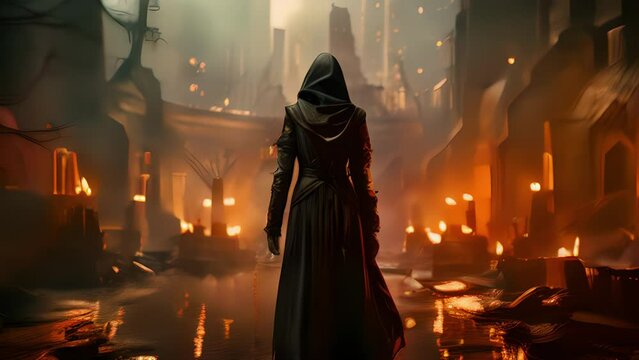 Her long coat is lined with fur to keep her warm in the winter months its hood dd over her head with a stoic expression. A soft glow of power emanates from her suggesting