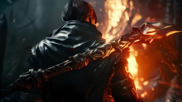 His right hand is grasped firmly around the handle of a curved ornamental battleaxe its blade a fierce combination of steel and fire. His stances radiates strength and courage