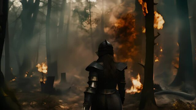 A rogue of the warrior class seen from the back standing amidst a forest of burning trees. She wears heavy armor and an iron helmet a greatsword in one hand and an axe in