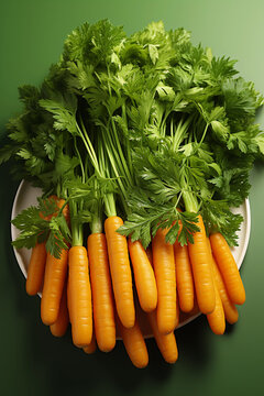 Fresh small baby carrots on the stick wood of high quality with a white background, keep the image in the center with great detail, and shutter stock style.