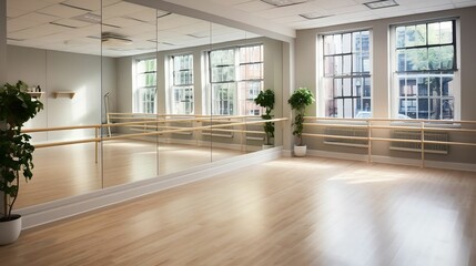 Dance studio with mirrored walls and ballet barres 