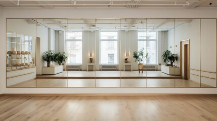 Dance studio with mirrored walls and ballet barres