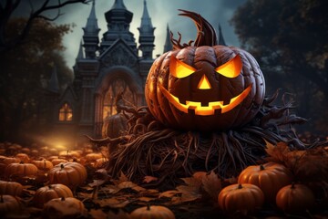 Pumpkins on a gloomy gothic background. Halloween concept. Background with selective focus and copy space