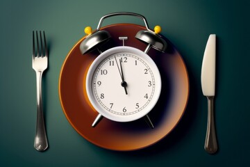 Alarm clock on a plate. The concept of proper regular nutrition. Background with selective focus and copy space