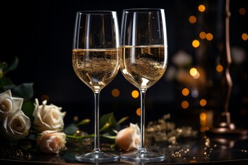 Glasses of champagne or sparkling wine with a celebratory mood. Merry christmas and happy new year concept