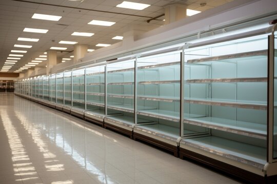 Empty shelves in the store. The concept of hunger and food security of the planet