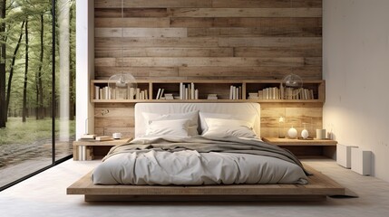 Blurred rustic bedroom with minimalist vases on wooden surface, DIY pallet bed with white bedding,...