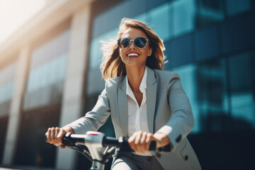 Smiling Businesswoman in sunglasses enjoys a ride on an electric scooter in the city. Business district glass building form the backdrop. Quick progress and profitability in the business.  