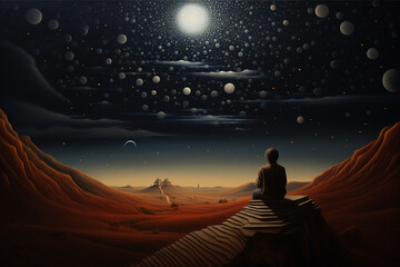 The figure of a man in the desert against the background of the night abstract sky