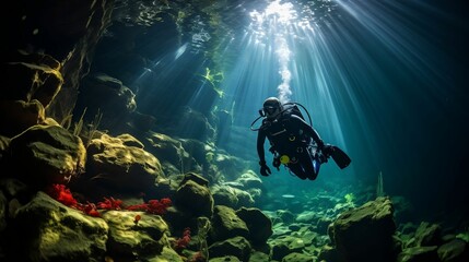 Obraz premium Diver exploring intricate details of underwater cave 
