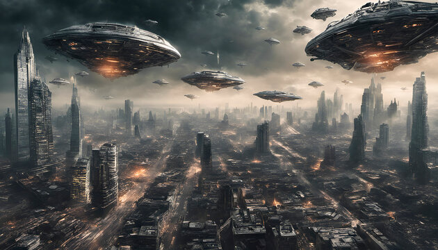 Image of city being attacked by aliens with spaceships