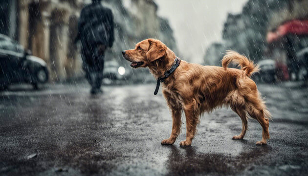 Illustrative image of a dog walking in the street, looking at the sky and feeling the rain