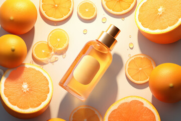 Mockup of perfume or oil bottles on a beautiful orange background with space for an inscription, top view, logo or text.generative ai

