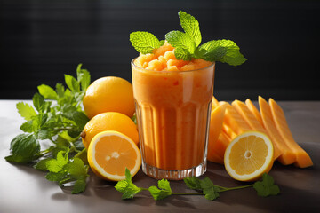 Vibrant Carrot Smoothie Delight: A Burst of Color and Nutrition, Fresh carrot smoothie on the glass with vegetables around high quality 