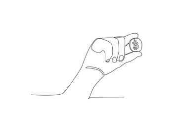 Front view of a hand holding Bitcoin. Bitcoin one-line drawing