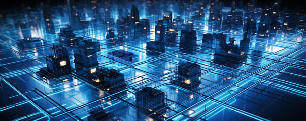 Neon Blue Wires Connected to Tiny Lamps Representing a Complex Electrical Grid, Power Grid, Electricity Grid, Generative AI