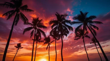 Fototapeten Palm trees silhouetted against a fiery sunset  © Halim Karya Art