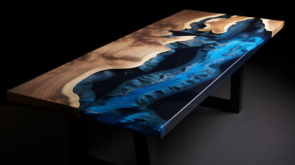 Custom Made Epoxy River Table, Custom Wood Table with Blue Epoxy in the Shape of a Body of Water, Generative AI