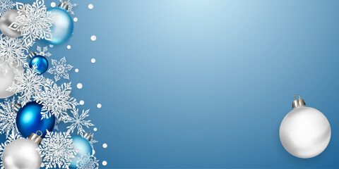 Christmas illustration with beautiful complex white paper snowflakes and colored balls on light blue background