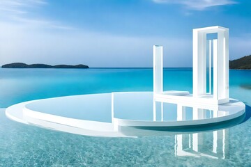 An empty white product podium rests delicately on the surface of crystal-clear water, creating a surreal and captivating scene
