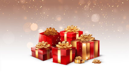 Christmas red gift box with gold ribbon on white background.