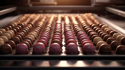 Assortment of fine chocolate candies, white, dark, and milk chocolate Sweets background. Copy space.